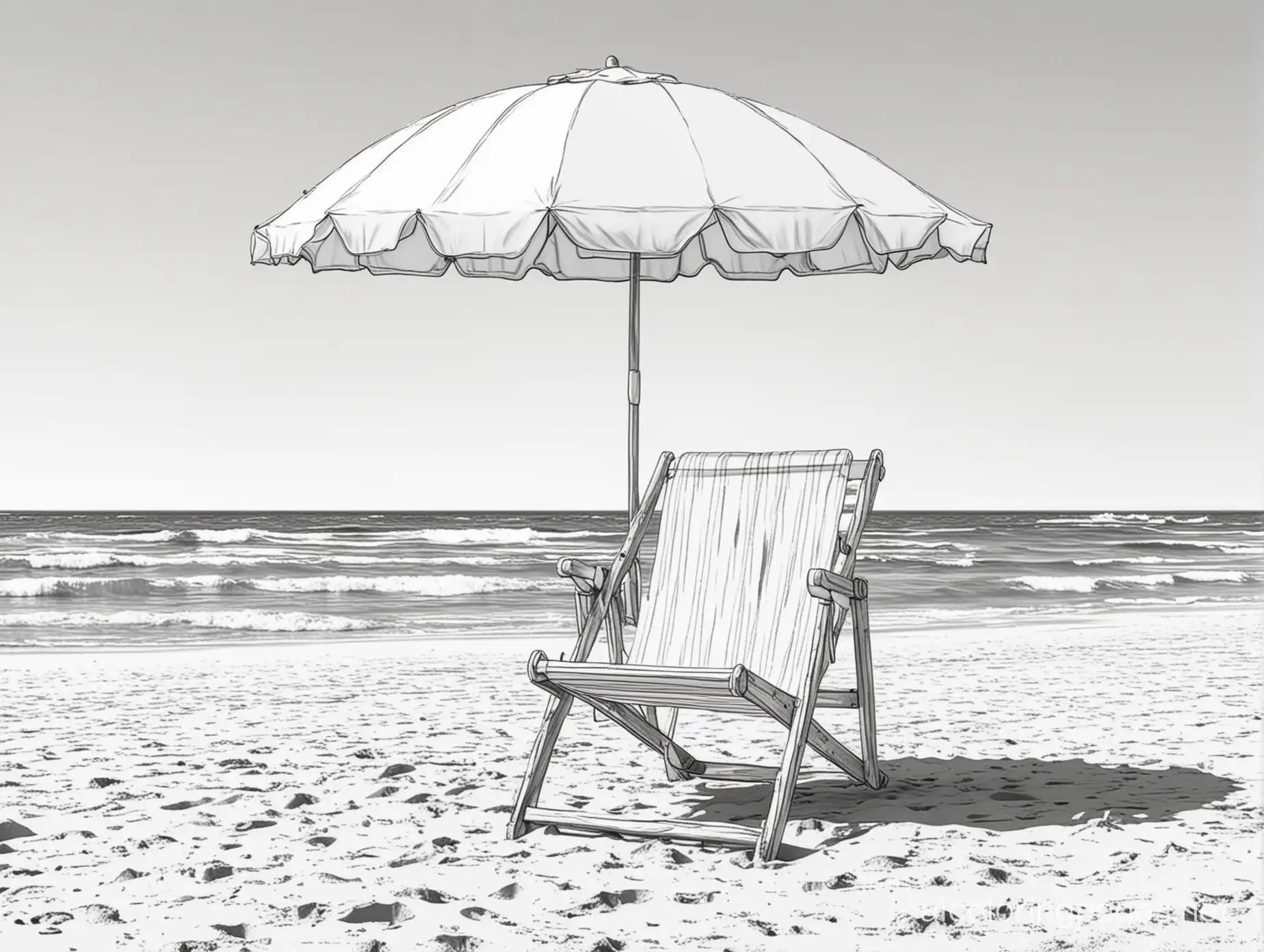 Beach Umbrella and Chair, Coloring Page, black and white, line art, white background, Simplicity, Ample White Space. The background of the coloring page is plain white to make it easy for young children to color within the lines. The outlines of all the subjects are easy to distinguish, making it simple for kids to color without too much difficulty