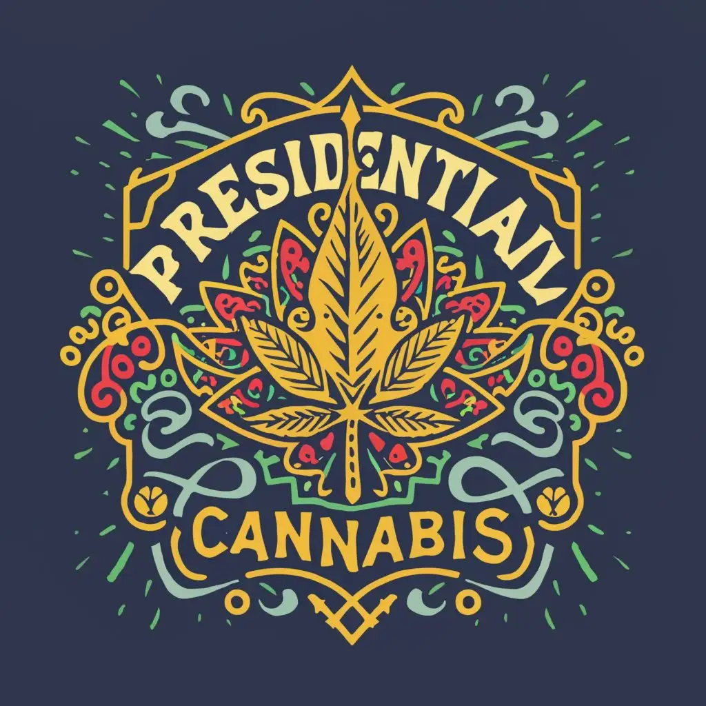 a logo design, with the text 'Presidential Cannabis', main symbol: cannabis, complex think cookies or fun, eye-catching.made that people think it great taste ,our logo to be able to stand out on shelves and walls and make good graphics ,eye attractive,make a little bit change in design more changes in design ,and look best and taste like candies
