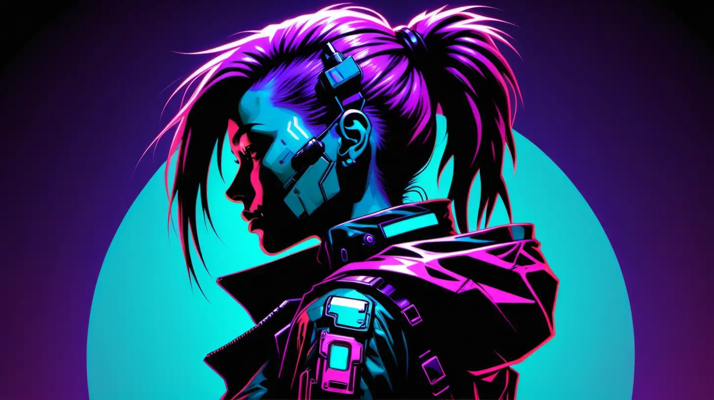 cyberpunk purple, pink, and cyan themed female character silhouette