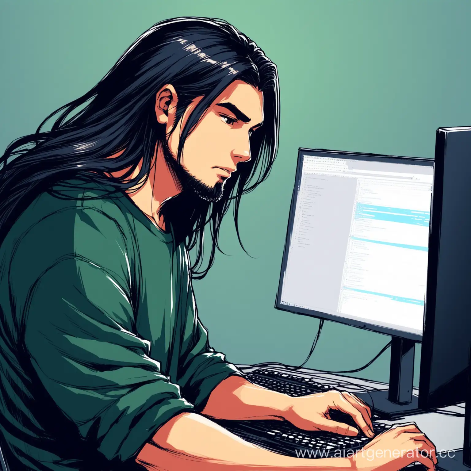 нарисуй парня программиста с длинными по плечи темными волосами за его крутым компьютером где он программирует 