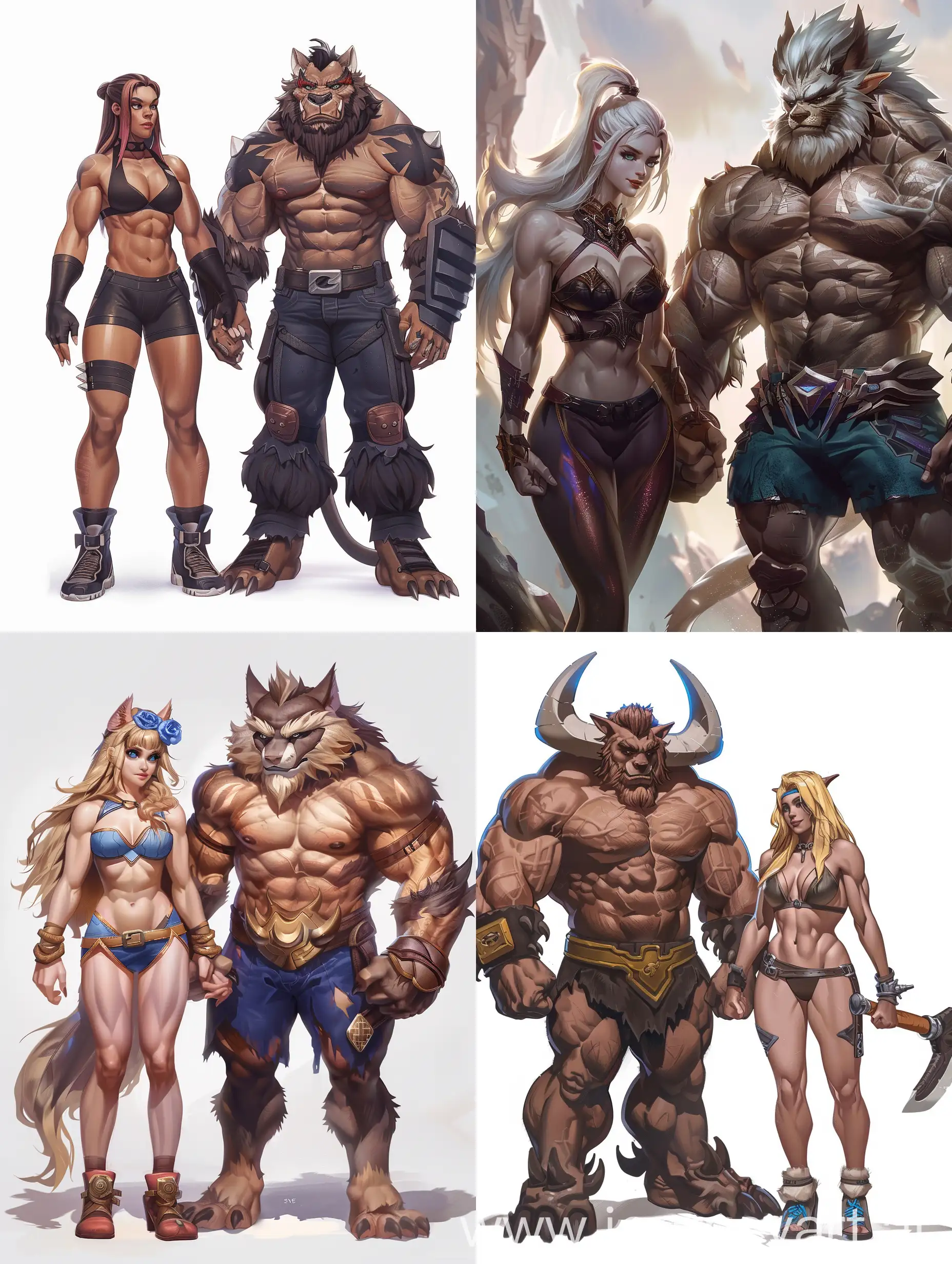 cool aestetic bodybuilders coupe of female and male beast holding hands looking at the camera
 full size league of legends style