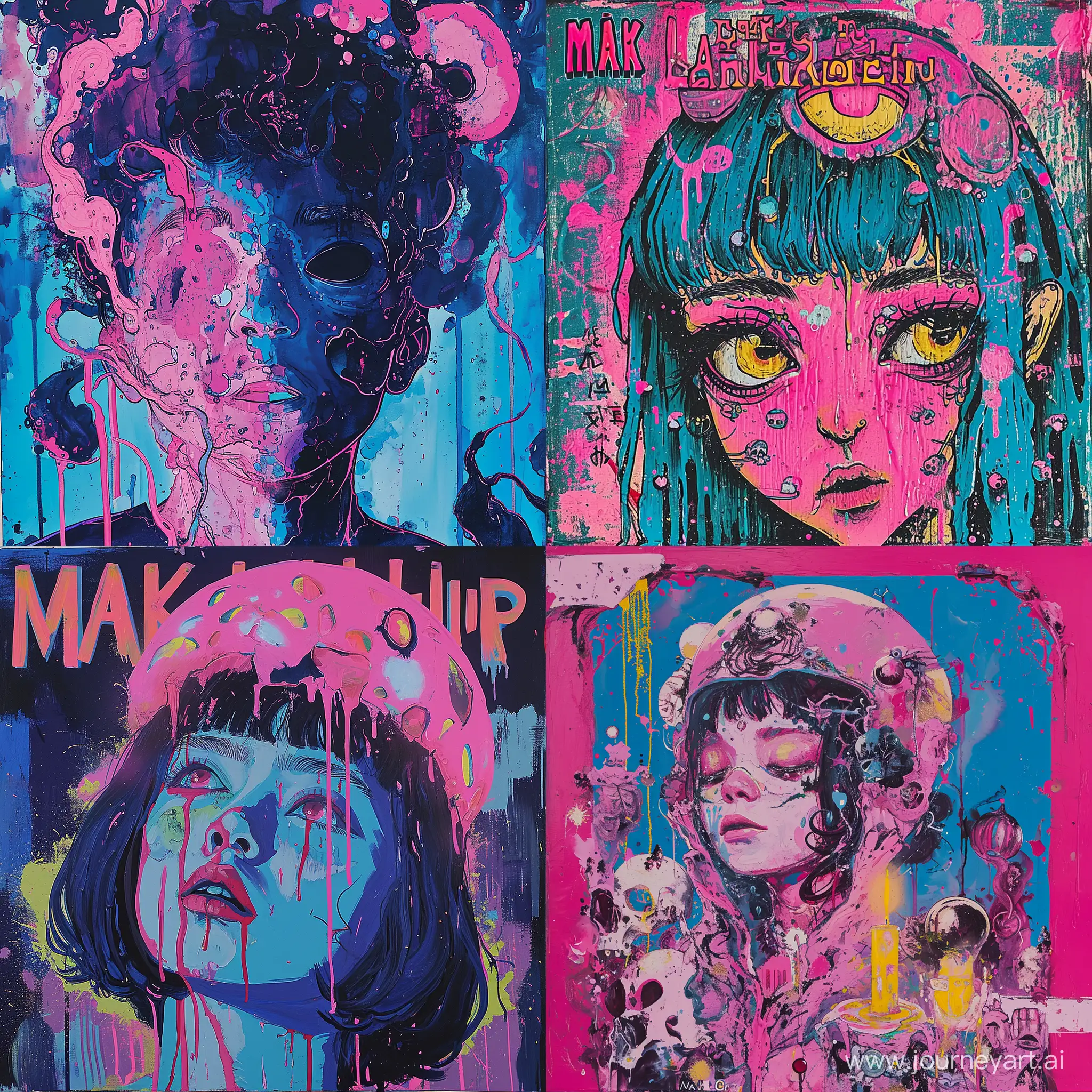 MAK LAMPIR by the cover of the album, in the style of dark azure and pink, psychedelic manga, 'catch a dead zombie, genderless, i can't believe how beautiful this is, conceptual art pieces, thick paint, celestialpunk