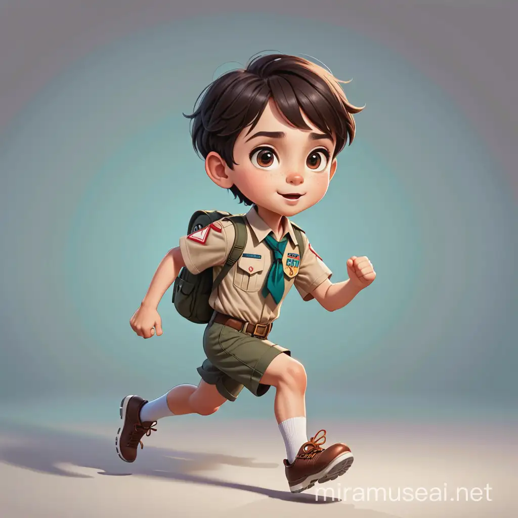 a running male kid have 9 years old , have a soft short dark brown hair , big dark brown eyes, round face , light skin , scout uniform, show the full body of her. cartoon type .