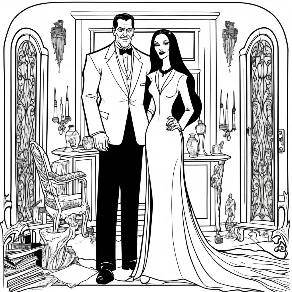 simple black and white color book image of Gomez and Morticia all dressed in white at home, for coloring
