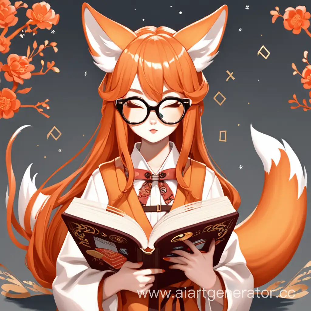 Kitsune girl with glasses and a book in her hands