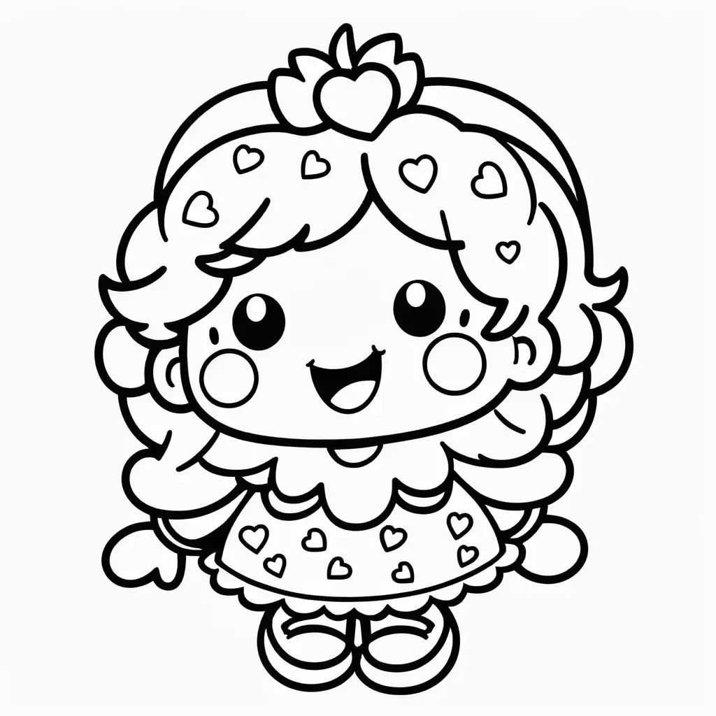 Laughing KAWAII strawberry shortcake with Whipped Cream Hair, food illustration, valentine theme, 
coloring book page, simple 
and clean line art, children drawing book. Black 
and white, crisp black lines, sharp lines. Simple 
coloring page for kids, featuring a cartoon style , cartoon style, very white background, no 
shades