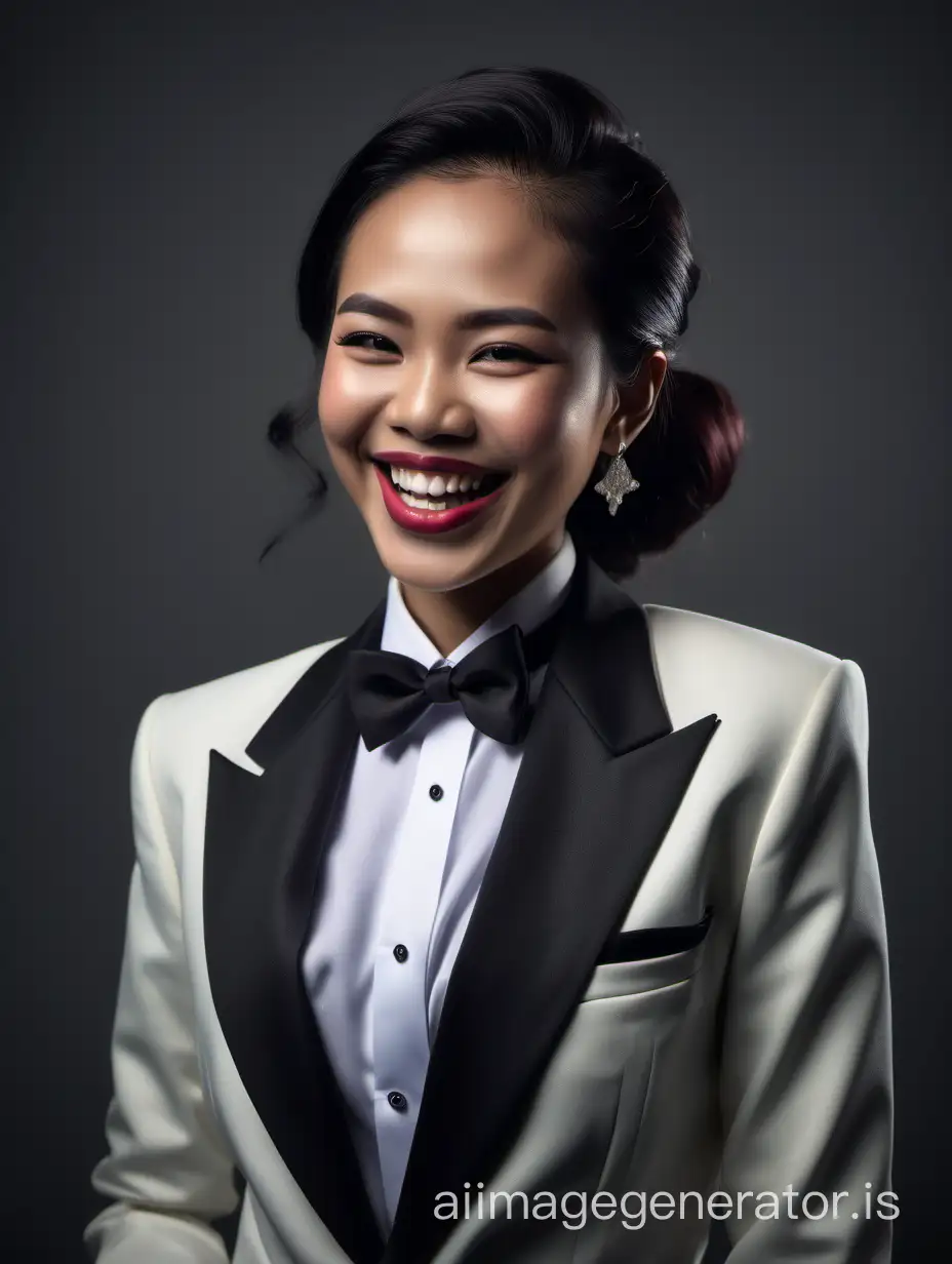 Beautiful smiling and laughing indonesian woman wearing a tuxedo.  Her jacket is open.  She has cufflinks.  She is wearing lipstick.