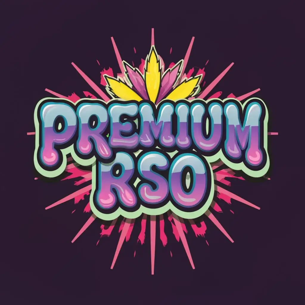 logo, logo, font with stoned look with THC high look on it for gummies, with the text 'Premium RSO', typography, bright suitable for purple background be used in Medical Dental industry, with the text "Premium RSO", typography WITH BRIGHT COLOURS