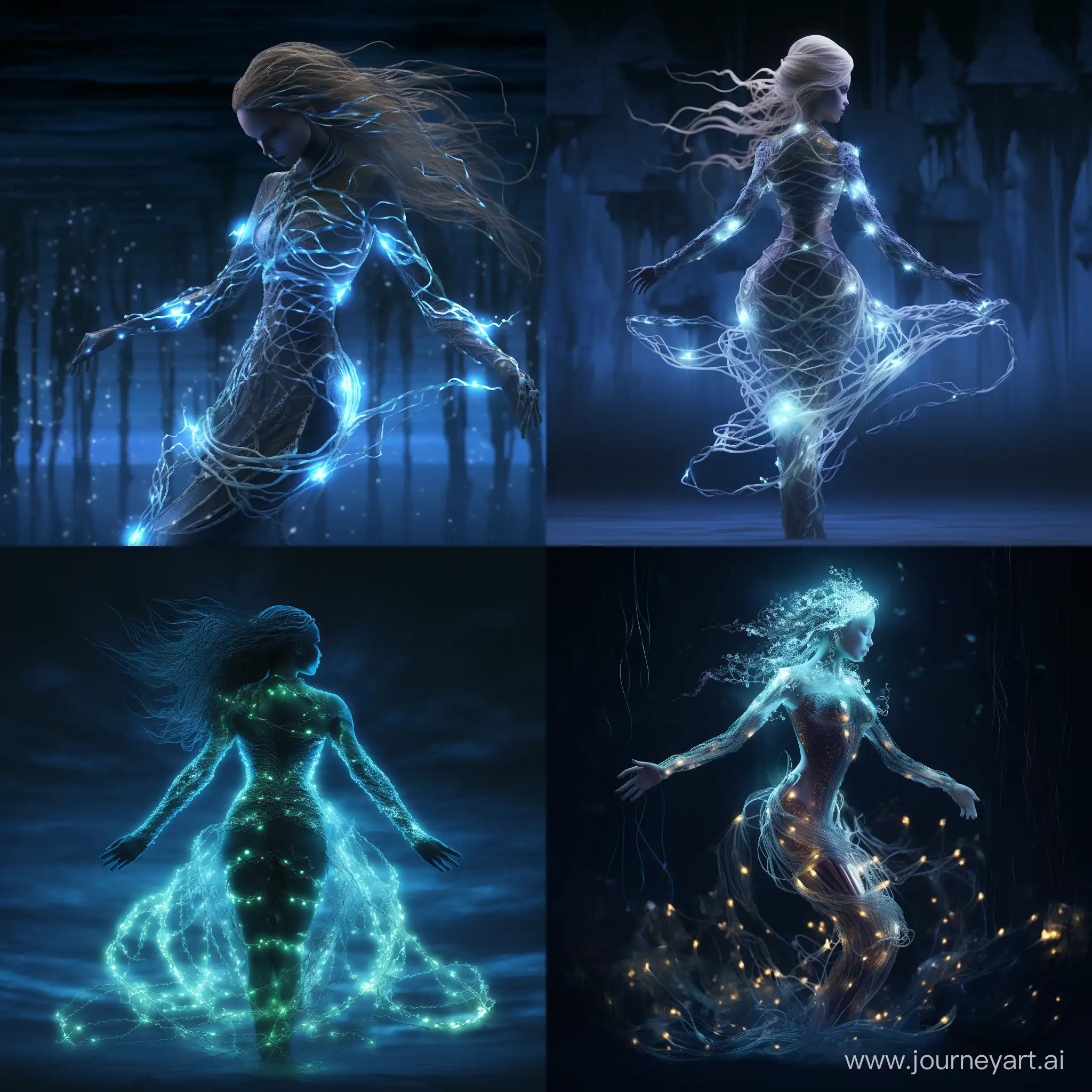 In the depths, the Electrocurrent Mermaid commands attention with scales that mimic the luminescence of bioluminescent circuitry. A mesmerizing blend of aquatic grace and electric energy, faint currents of bio-electricity dance across their sleek, hydrodynamic tails. Delicate tendrils, reminiscent of the filaments of a jellyfish, trail behind them, emitting pulses of energy as they gracefully navigate the dark depths. Their eyes gleam with a faint electric charge, reflecting both intelligence and the formidable power they wield beneath the waves.



