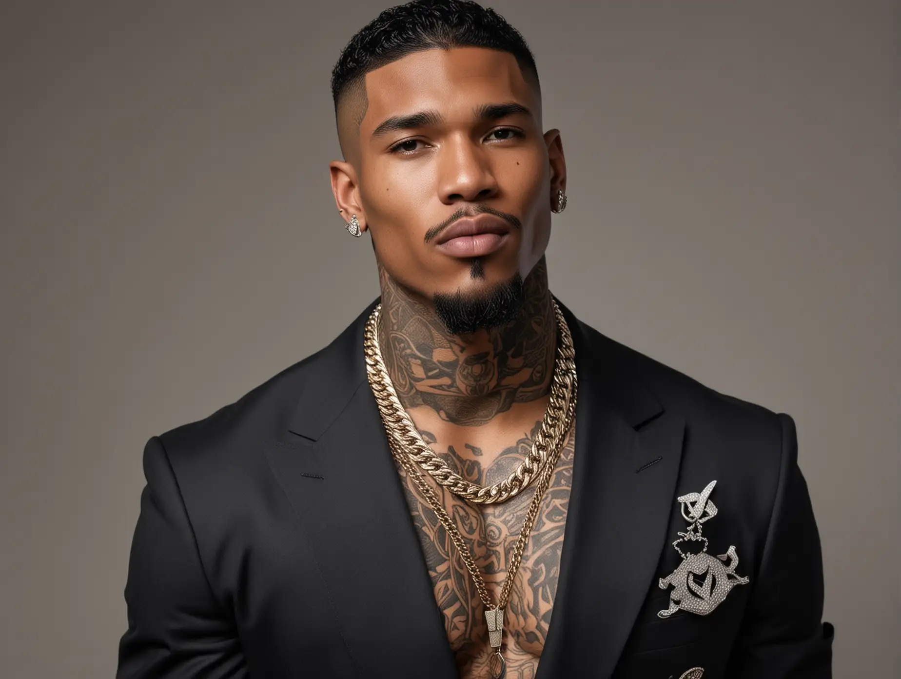 rich black man, gangsta, low haircut , muscular,cuban link, expensive jewelry, diamond grill in mouth, tattoos, suit with exposed chest, chiseled, sexy