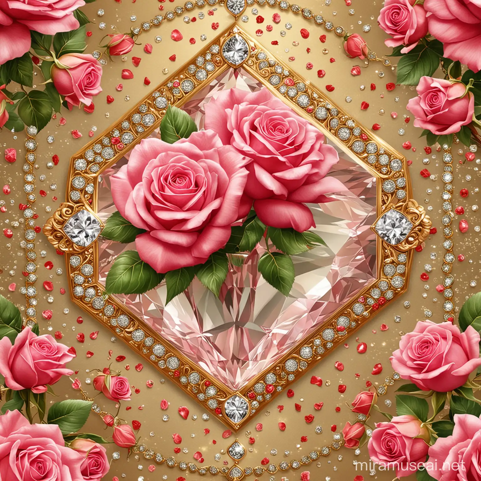 Golden Meadow with Pink Flowers and Red Roses on a Green Diamond Patterned Background