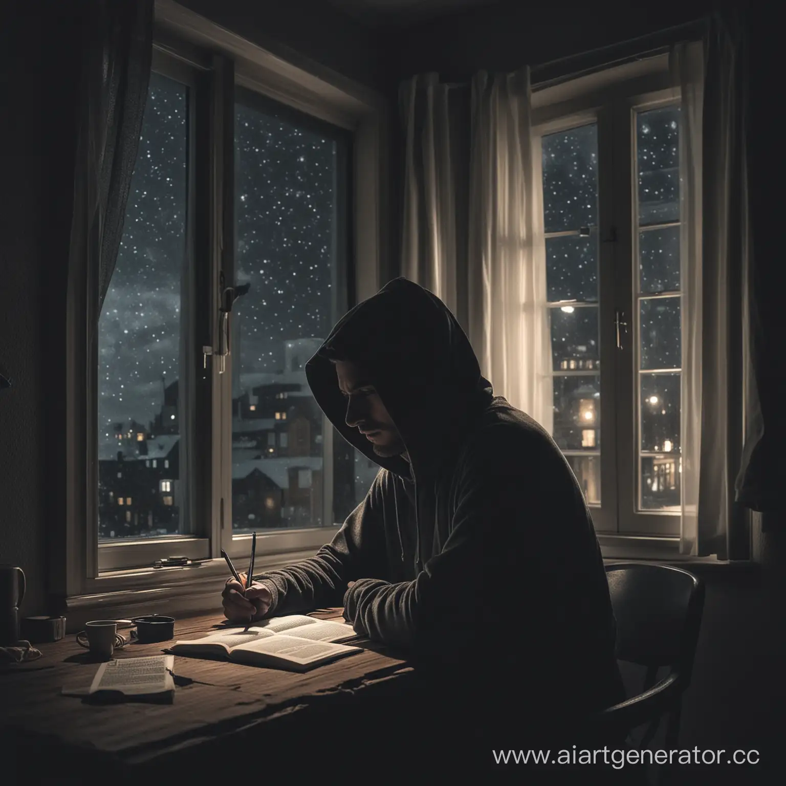 Писатель в капюшоне сидит перед окном ночью и пишет свою книгу