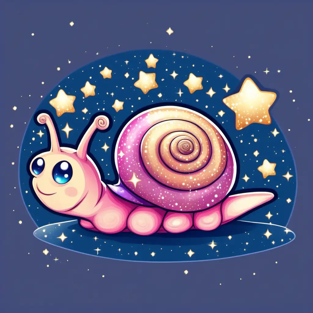 Adorable Chibi Cartoon Snail with Pink Shimmer and Starry Blue Shell