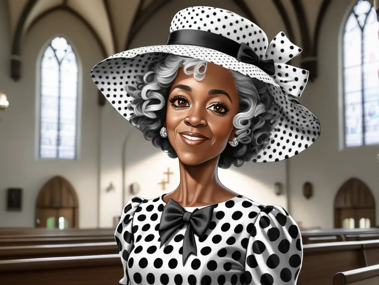 Cartoon, Portrait, Age 40, African Lady, oversized fancy black and white polka dot print Church Hat with black bow, short curly Grey-Hair, black and white polka dot print Dress, In Church Background, low light, Depth of Field,