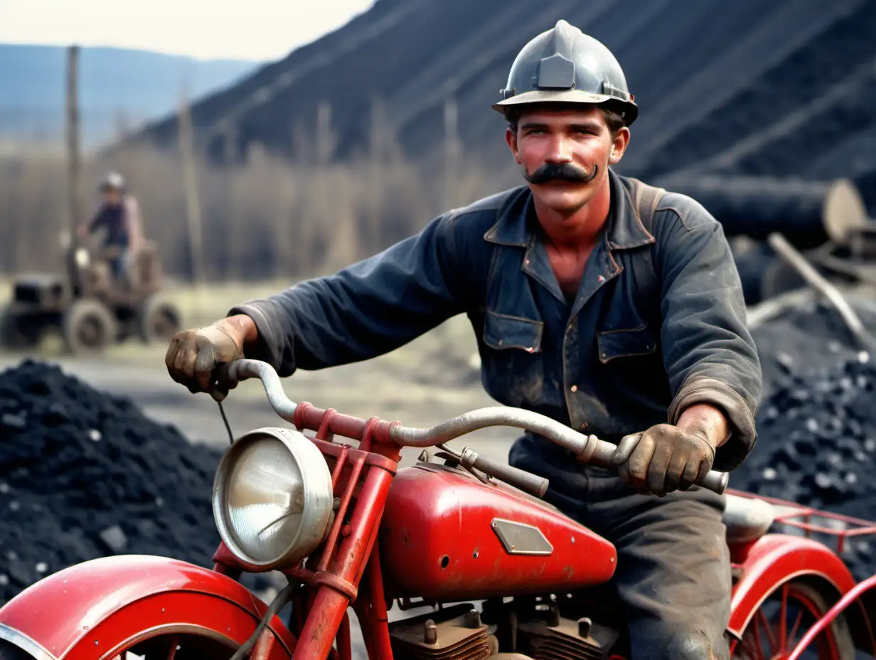 A young-looking coal miner on an old, red motorbike with a mustache