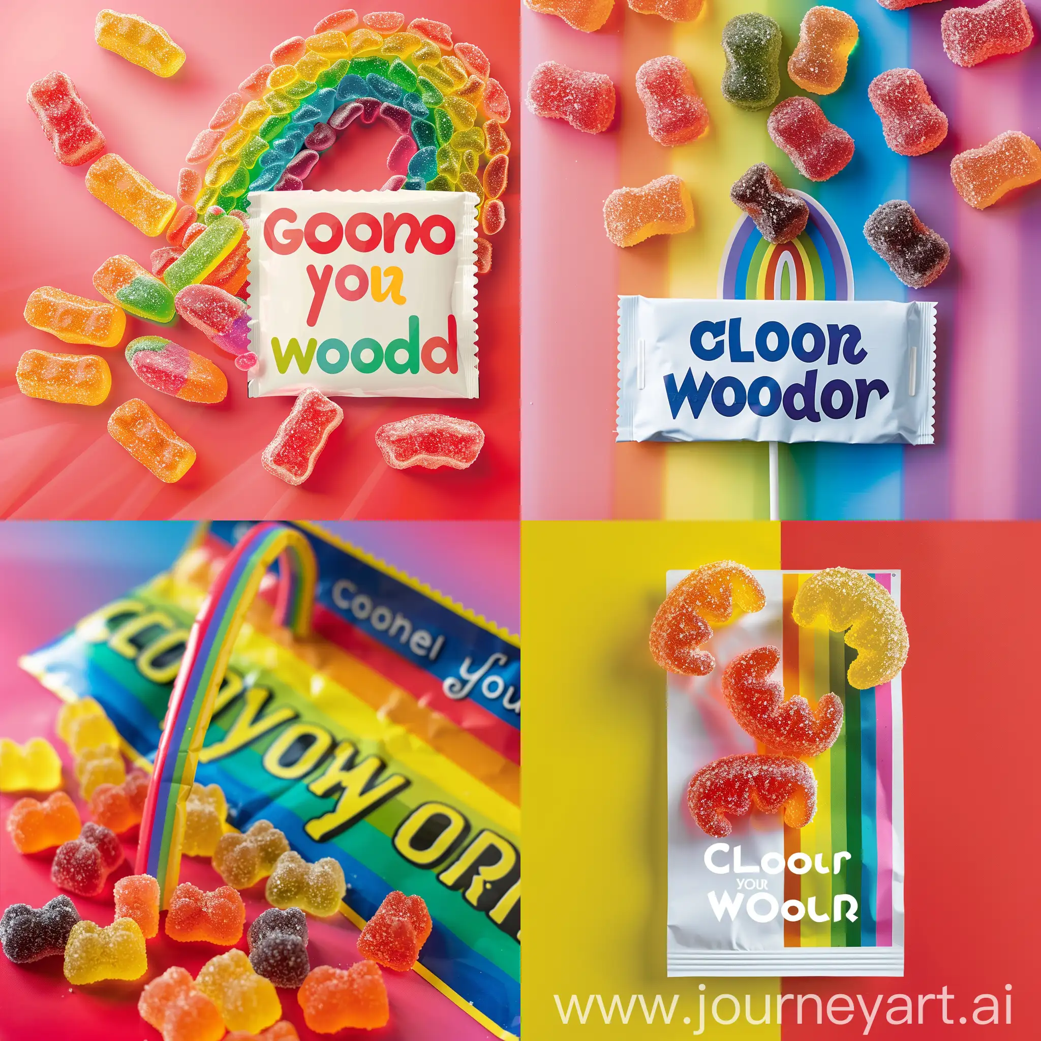 sour gummies original on a packet with a rainbow coming out from the end connecting to the word color your world poster