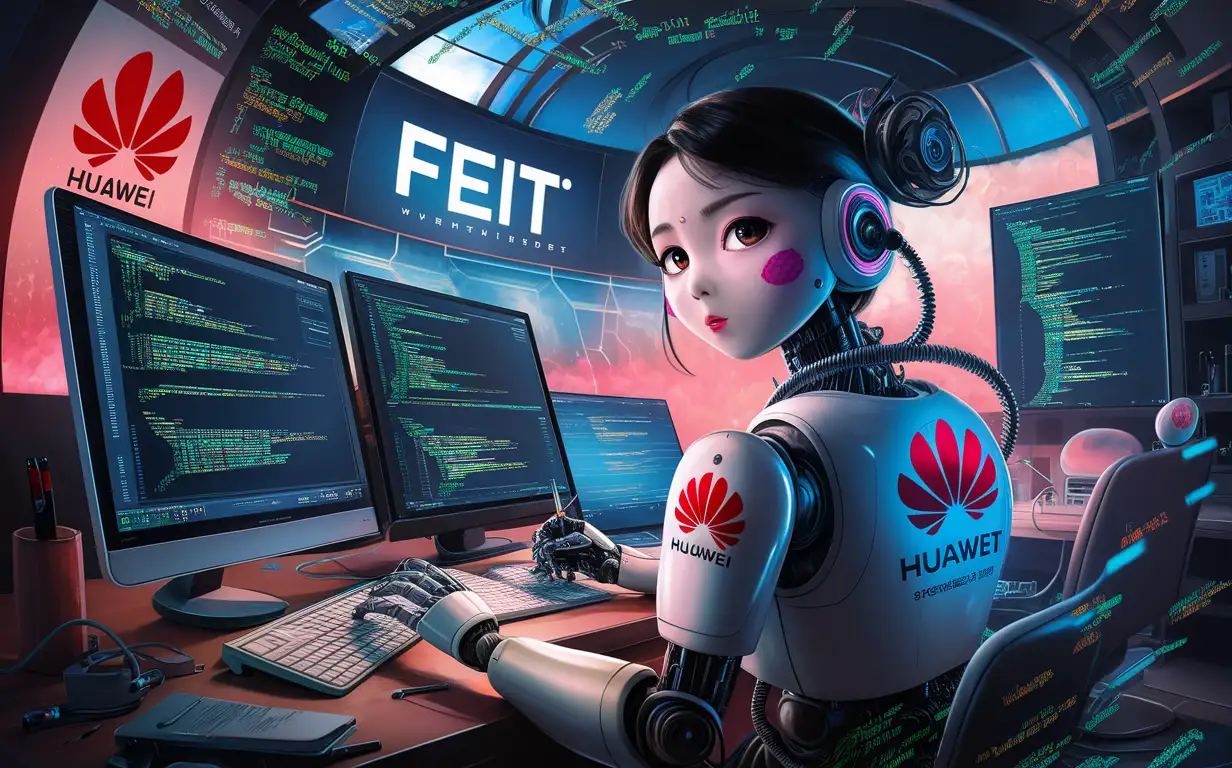 an artificially intelligent female bot , like Araki Yuko happily ,pink blush on cheeks,Huawei log emblazoned on it,writing software code in multiple screens in a futuristic scenario, Codes flying all over the place, with slogan “FEIT”
