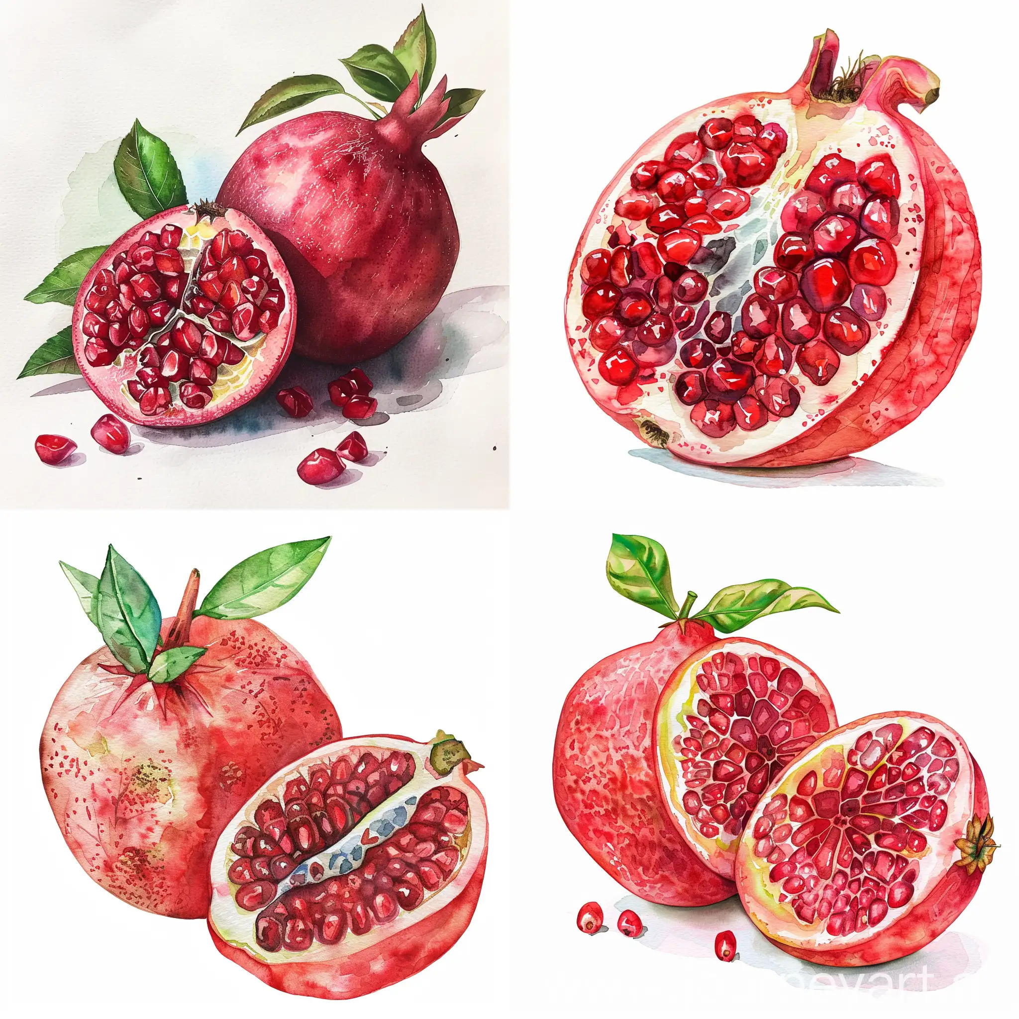 watercolor pomegrate cut in the midlle where you can see the inside, high quality detailed