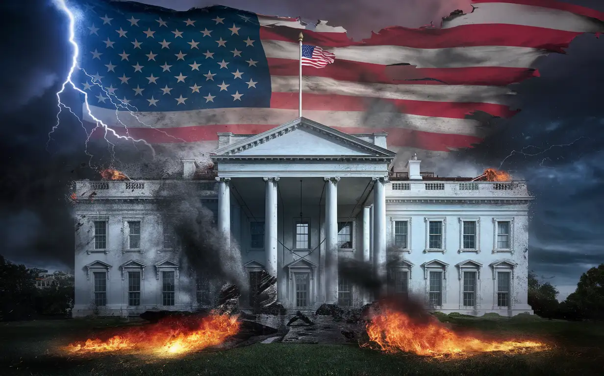 Collapse of the US Economy Old White House Engulfed in Flames with US Flag