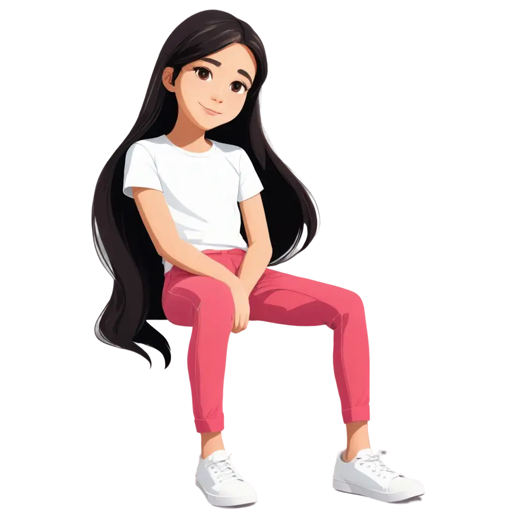 Vector image, a cute character of little girl with white skin, big light brown eyes and long black hair. She is around 13 years old. she is wearing white t-shirt and pink pants, and white shoes. She is sitting down.