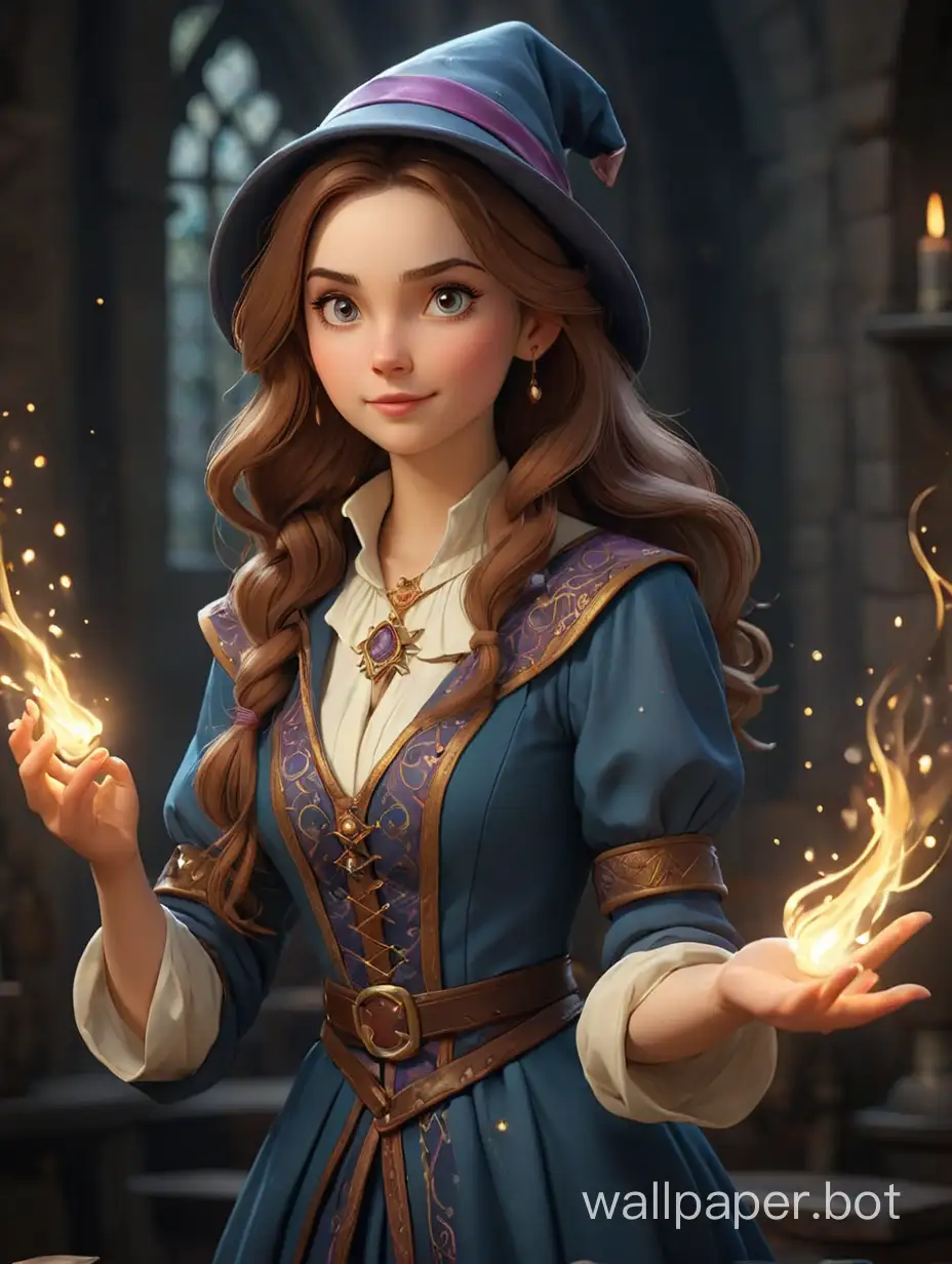 Medieval cute Female Magician Casting Spell. porcelain skins.