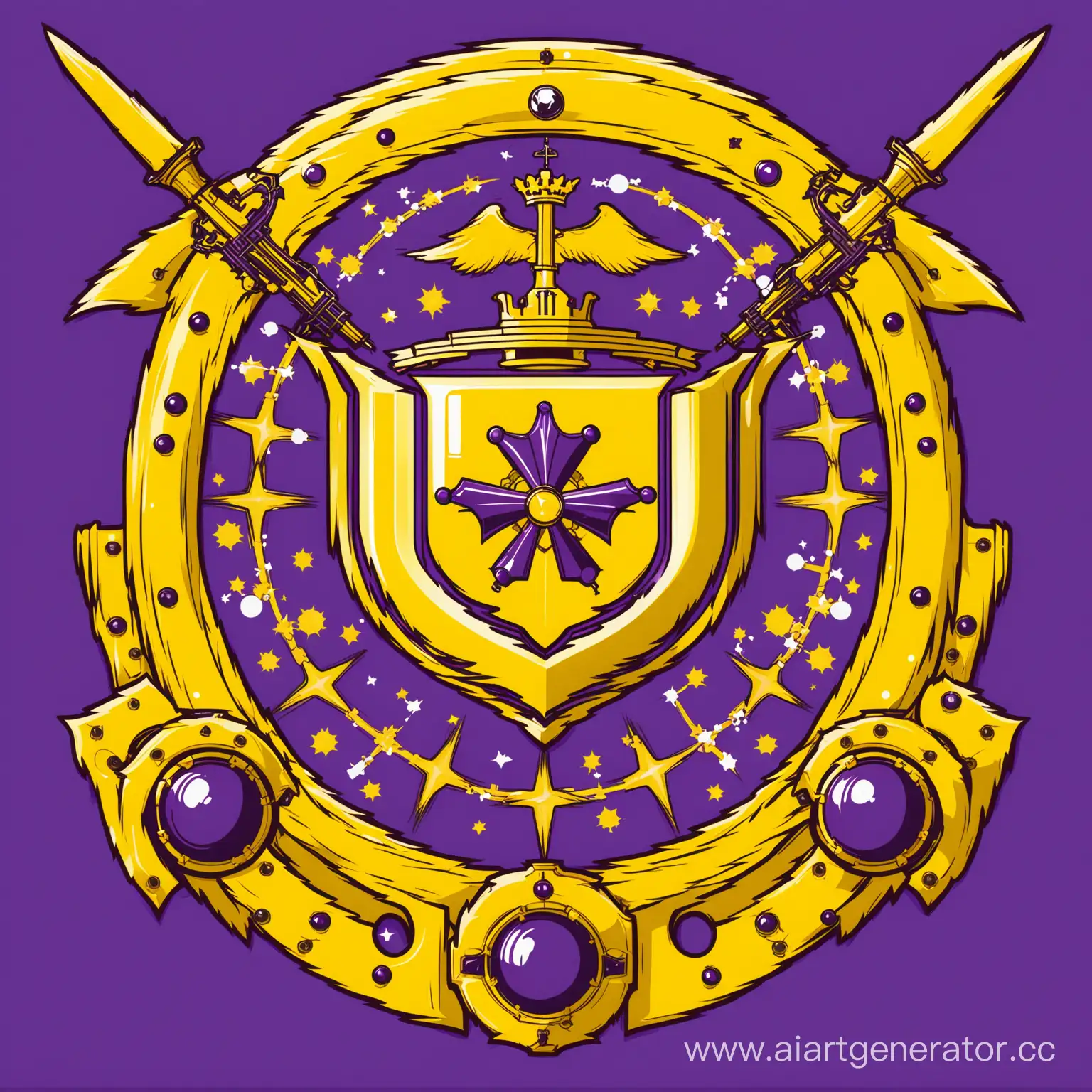 герб Империи Эпсилон, Эпсилон выдуманная держава Короли Механизмов и Химии,  в фиолетовом и жёлтом цвете, герб связанный с механизмами и химией