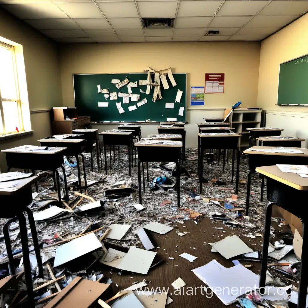 Disarray-in-an-Educational-Setting-Classroom-Chaos-with-Scattered-Papers-and-Upturned-Desks
