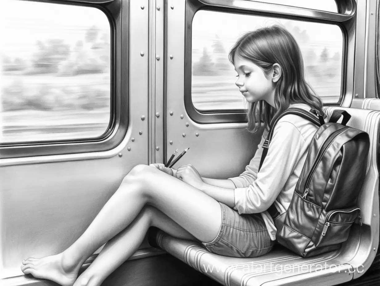 Босая девочка с каштановыми волосами сидит у окна в поезде, обнимает свой рюкзак рисунок карандашом