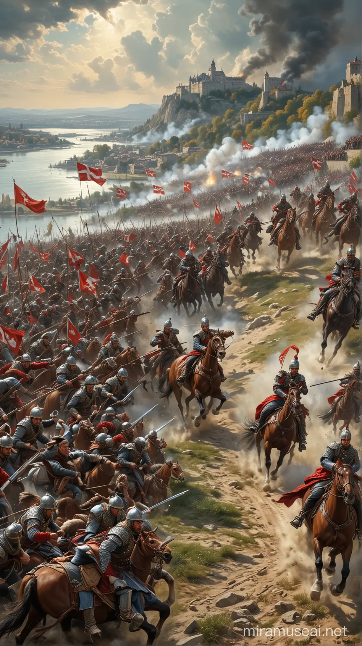 Produce a striking image of King Sobieski's famous charge, capturing the chaos and heroism of the moment as Polish Hussars thunder down the Kahlenberg Hill, their winged lances glinting in the sunlight, while Ottoman soldiers scramble to defend against the unexpected assault, their expressions a mix of shock and fear, with the Vienna skyline and the glittering waters of the Danube River stretching out below. Hyper realistic