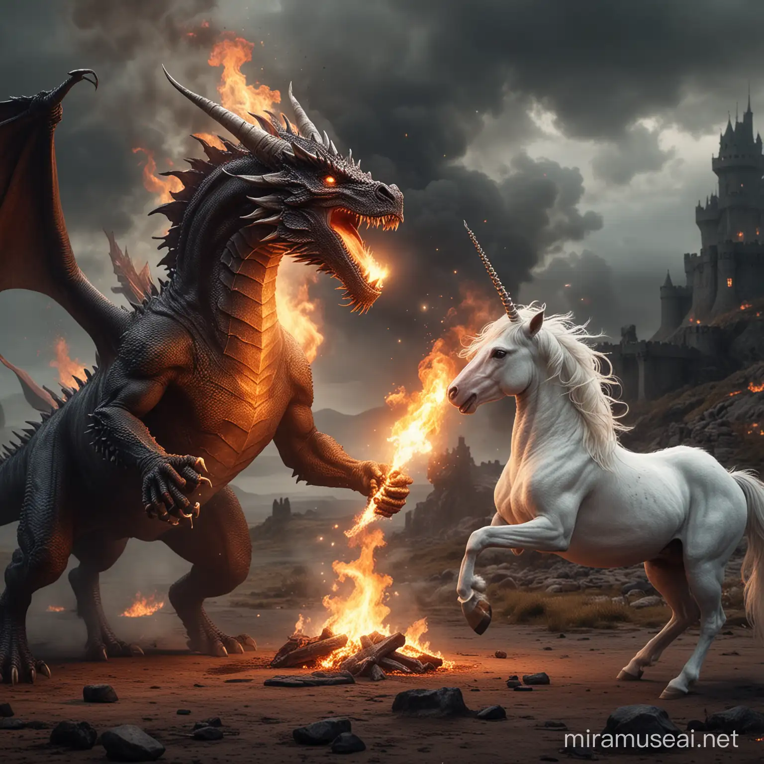 Photo realistic scene of an Evil Dragon fighting a cute Unicorn with fire breathing. Game of thrones style in a unfriendly landscape