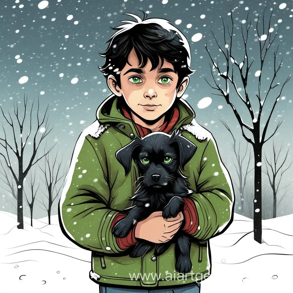 A ten-year-old boy with dark hair and green eyes without a hat in a dirty jacket holds a small black puppy in his arms. It is snowing in the background. illustration
