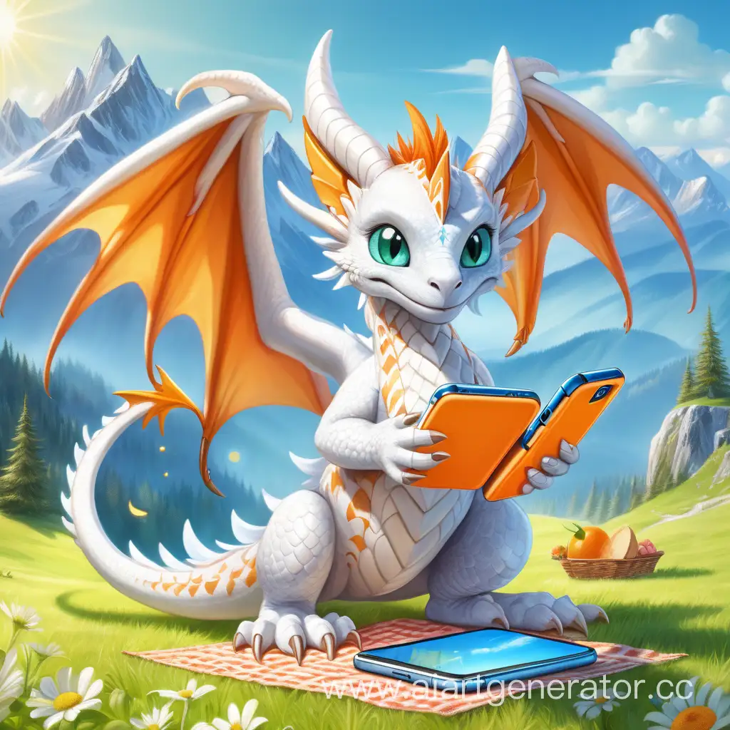 Белый дракон с мордой котика, с большими оранжевыми крыльями и ушами, в лапах держит голубой смартфон. Любит пикники на зелёном лугу среди дальних гор и яркого солнышка. 
