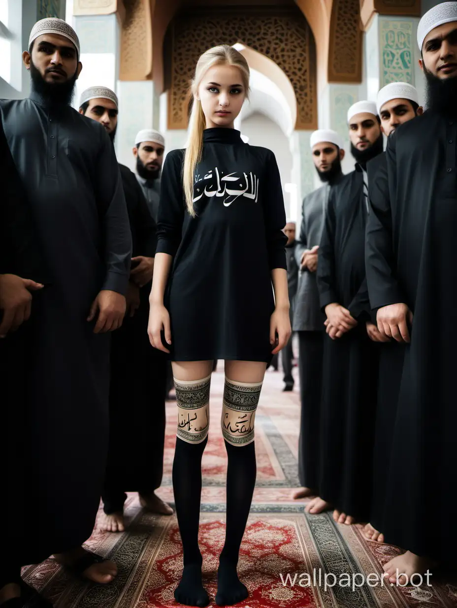 A Russian girl, blonde with a ponytail on her head, wearing black stockings, with Islamic symbols and Arabic text drawn on the girl's body, stands in a mosque, surrounded by Muslim men touching the girl, a full-length photograph.