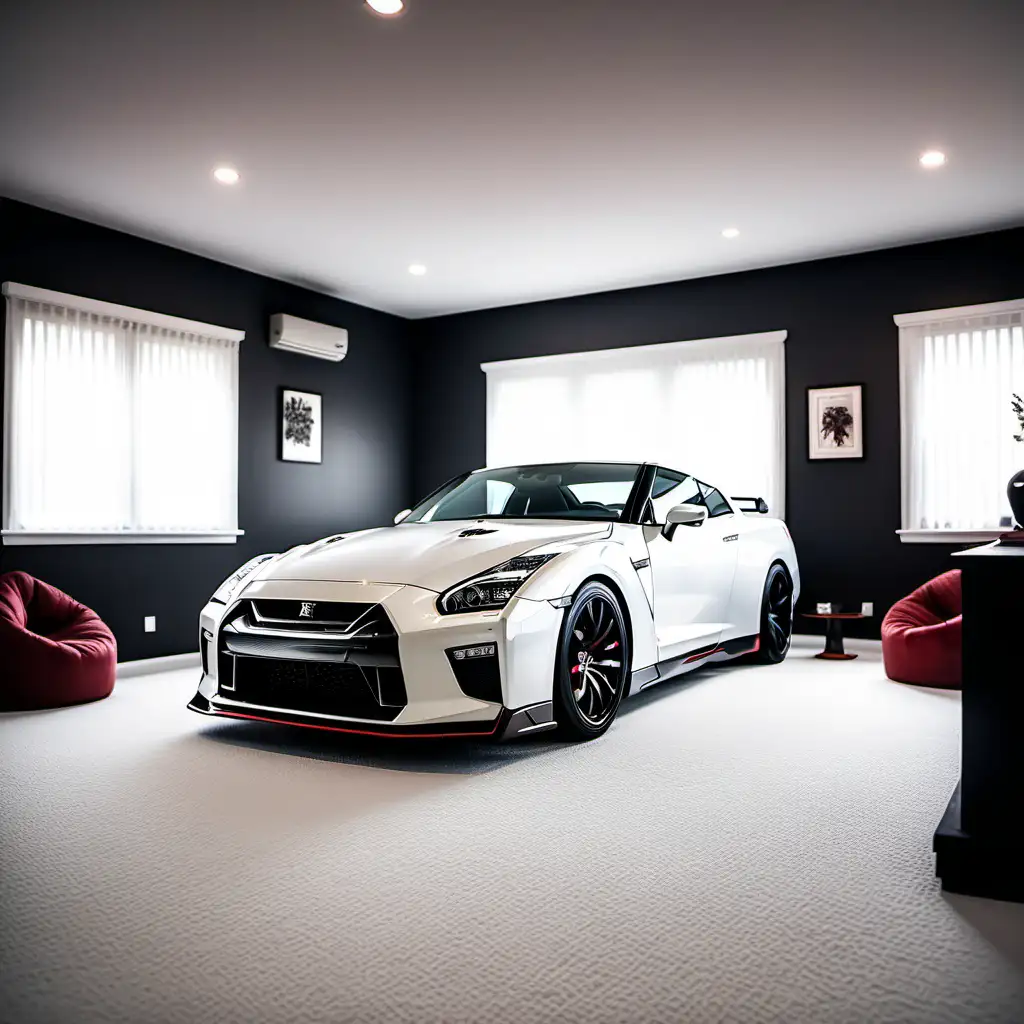 a professional photo 16mm, cinematic, nissan gtr parked in  rich design living room with white carpet and paint on walls
