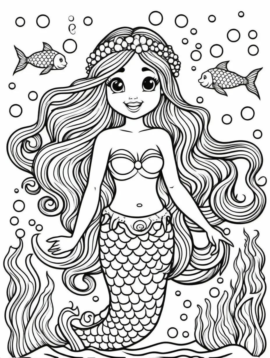 Coloring page with cute mermaid singing
