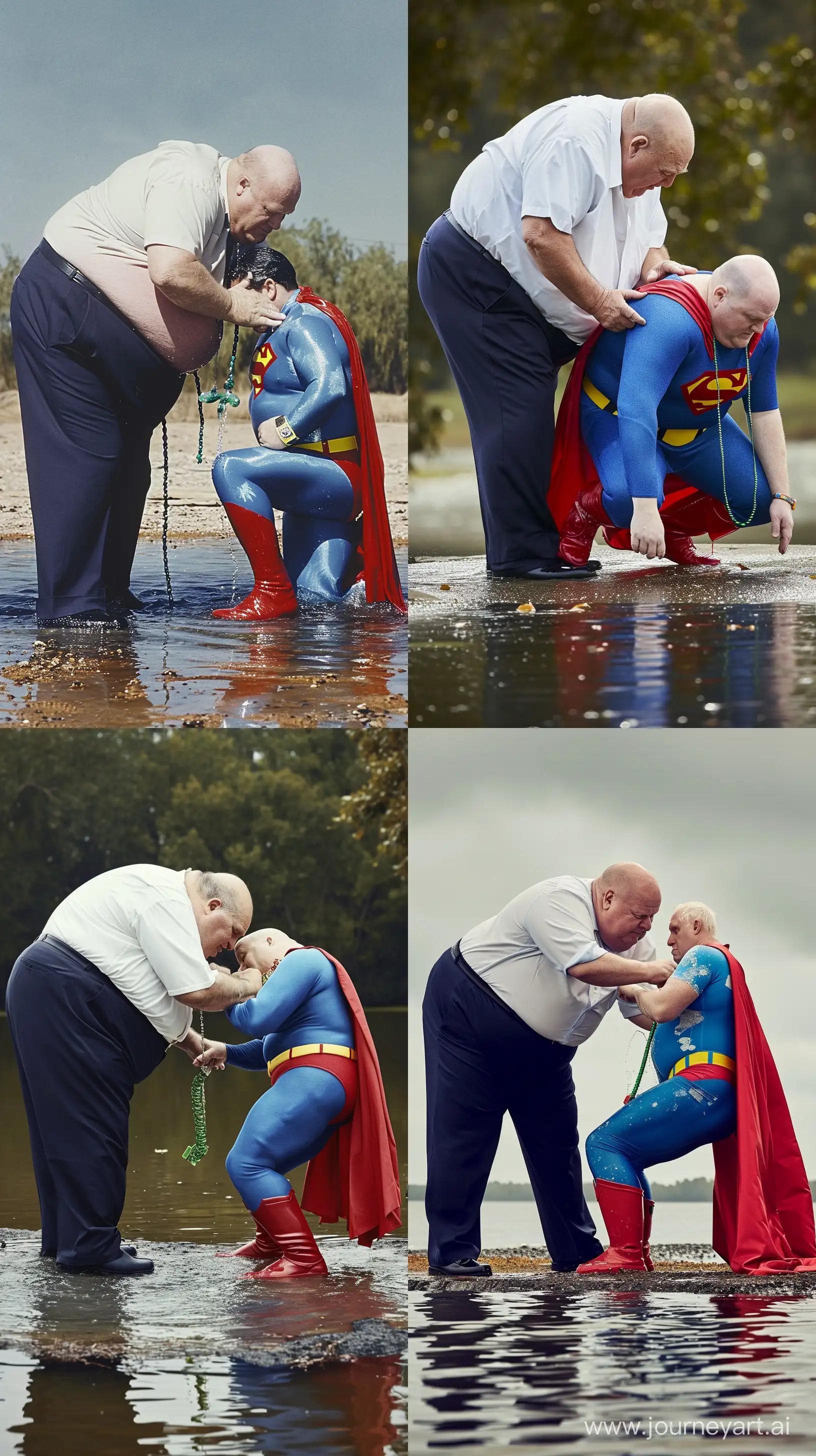 Photo of a very obese man aged 70 wearing navy business pants and a white shirt. He is bending over another man dressed in a clean slightly shiny blue superman costume with a big red cape, red boots, blue shirt, blue pants, yellow belt and red trunks kneeling in water, and tightening a green necklace around his neck. Outside. --style raw --ar 9:16 --v 6