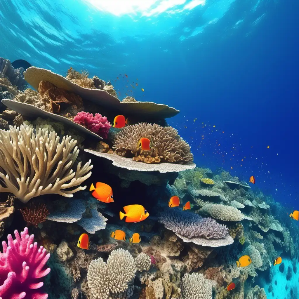Coral Reefs crystal clear blue water with beautiful tropical fish and inviting 
island adventure exploration, upscale