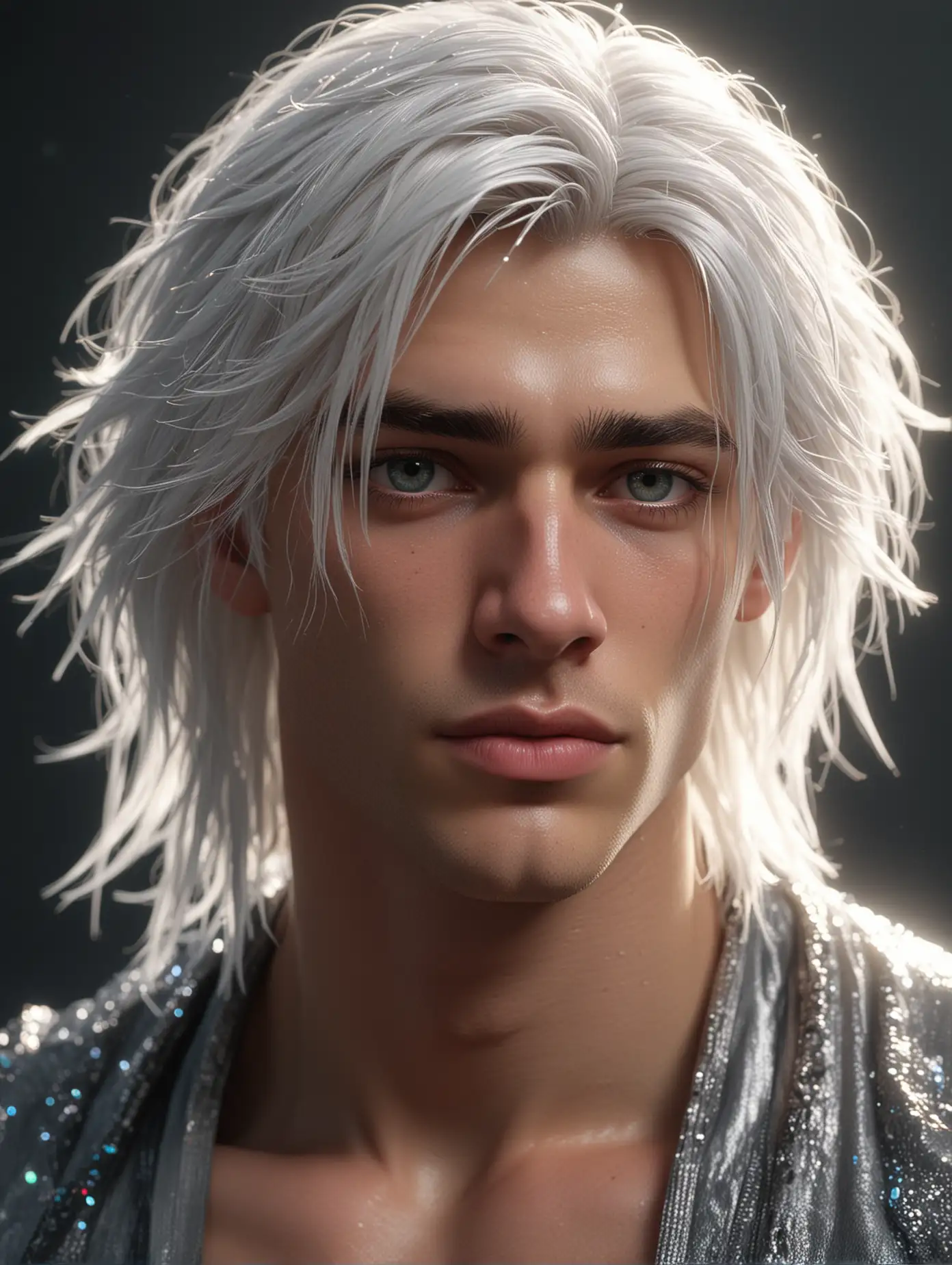 very hot handsome teen. broad shoulders. with long white hair with black on the ends. slightly curly. pale skin. muscular figure. bad boy demeanor. cute boy. Ultra high definition. light particles. glowing hair. cinematic lighting and cinematic shading. very long tongue. very baroque and infinitesimally individualized. fanatically pragmatic 3d blender sfm compositions. holographic. very intricately and microscopically detailed. ultra realistic 3d blender sfm textures. upscaled definition. cinematic lighting. dressed in wet attire. 
