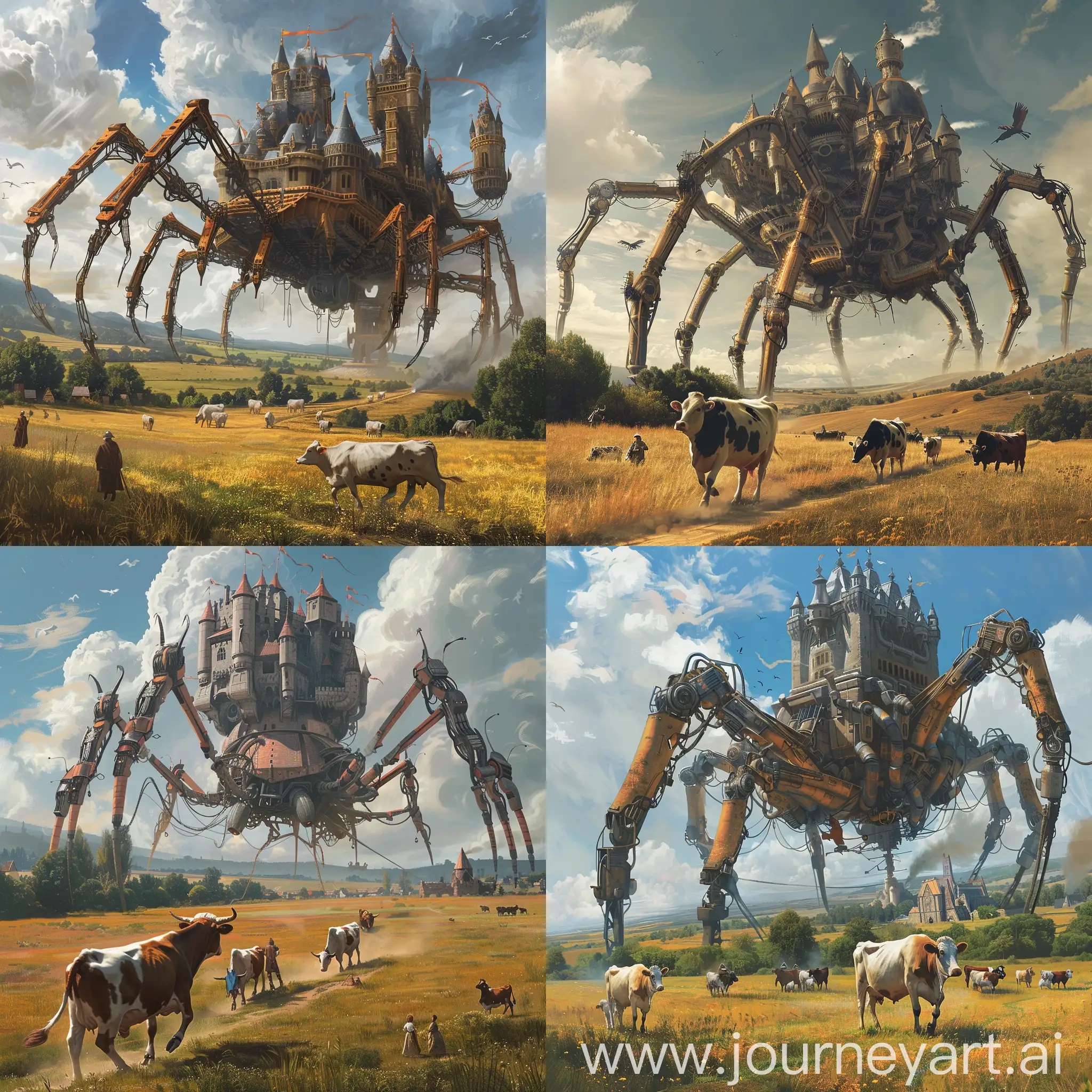 Medieval-Castle-DND-Style-with-SpiderLike-Arms-Moving-through-Fields