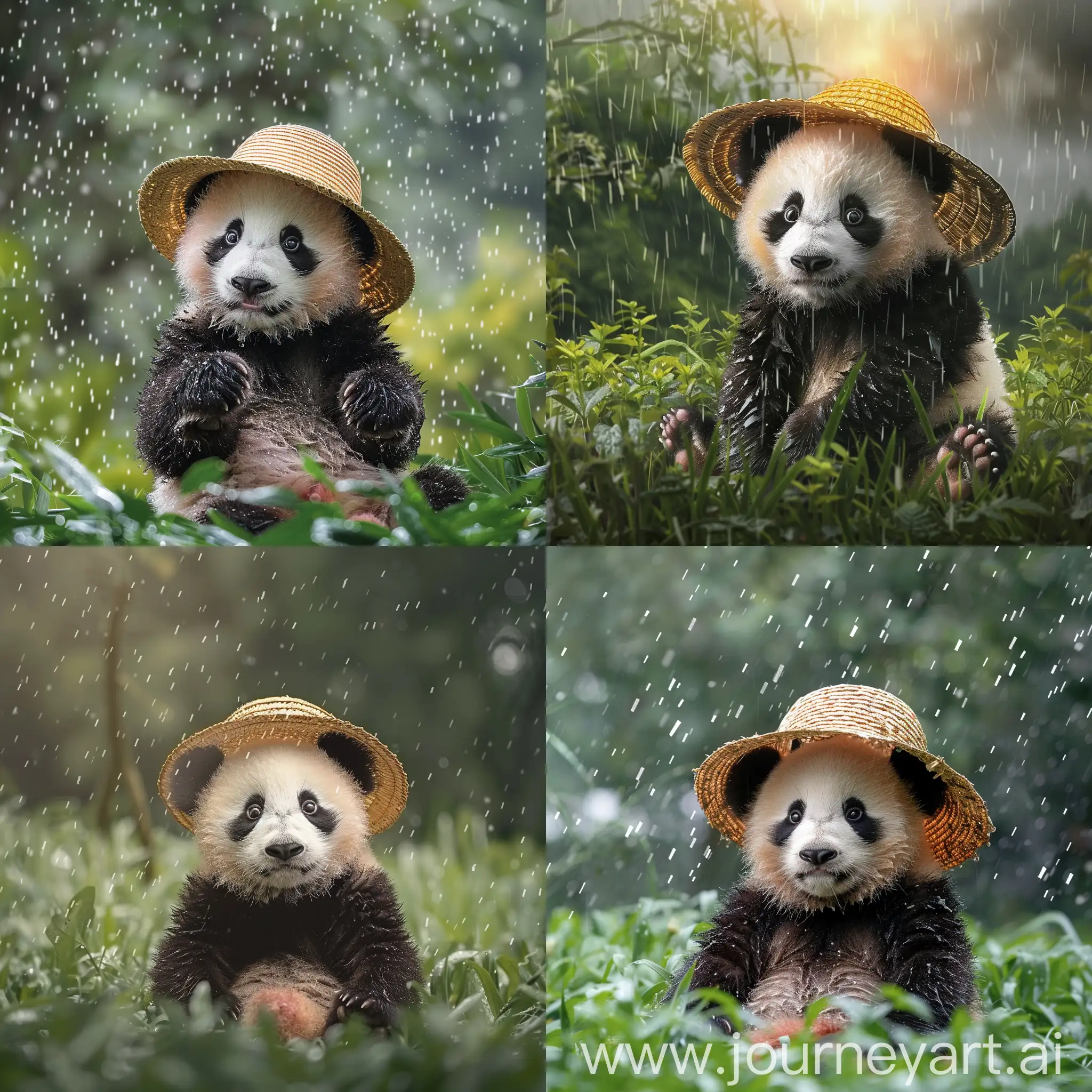 cute baby panda with straw hat sitting in a green field during a light rain