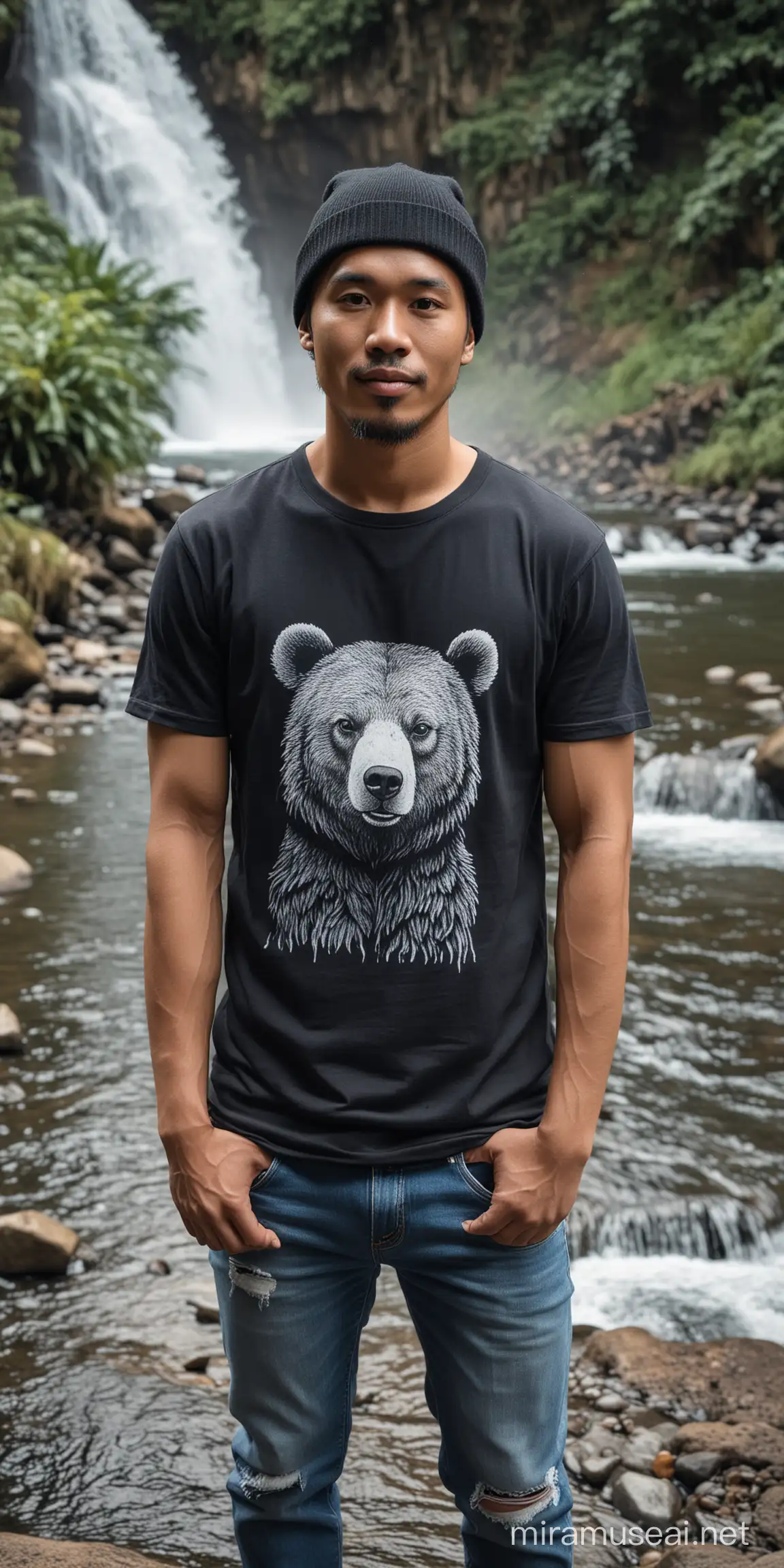 Indonesian Man in Black Beanie by Waterfall Casual Outdoor Portrait