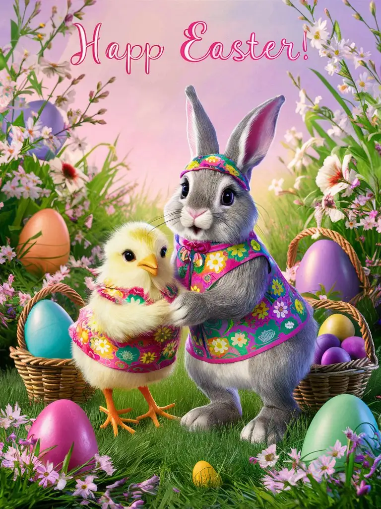 Vibrant Easter Celebration with Whimsical Bunnies and Blooming Flowers