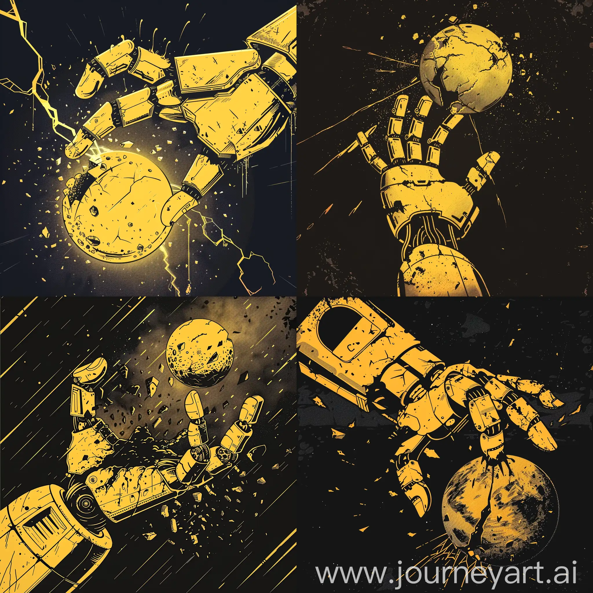 analog button of mobile moba game, there is a huge robot hand grabing a plannet, in style of yellow silhouette, the planet is cracking, slender hand, epic