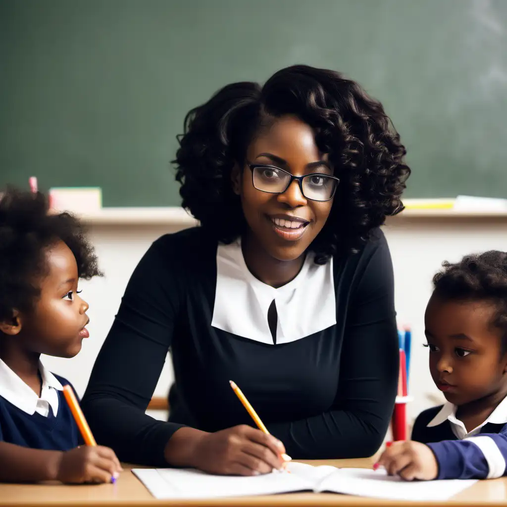 a black woman that is a teacher. She is teaching little children

