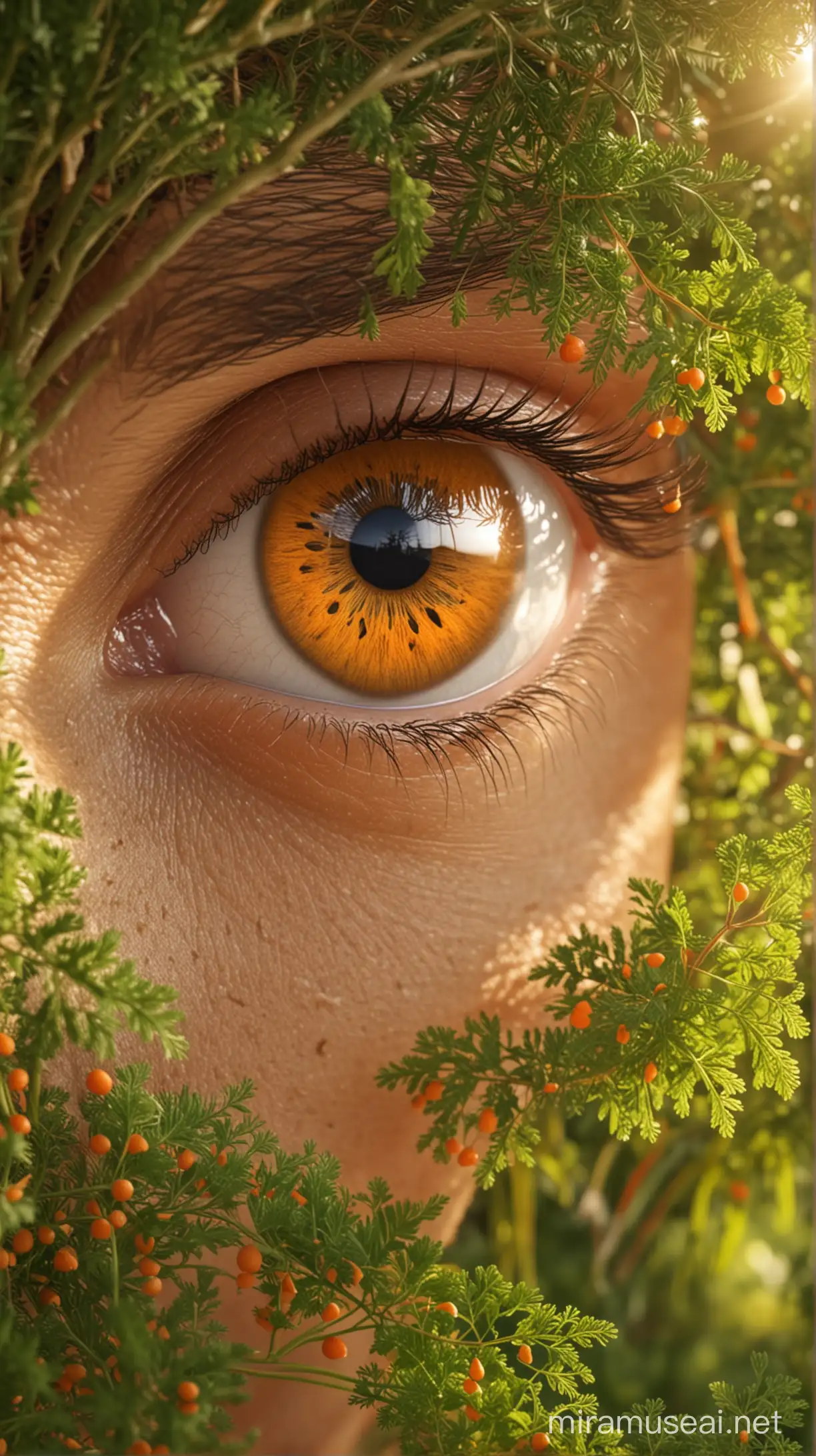 eyes diagram and in background carrot tree, natural background, sun light effect, 4k, HDR, morning time weather