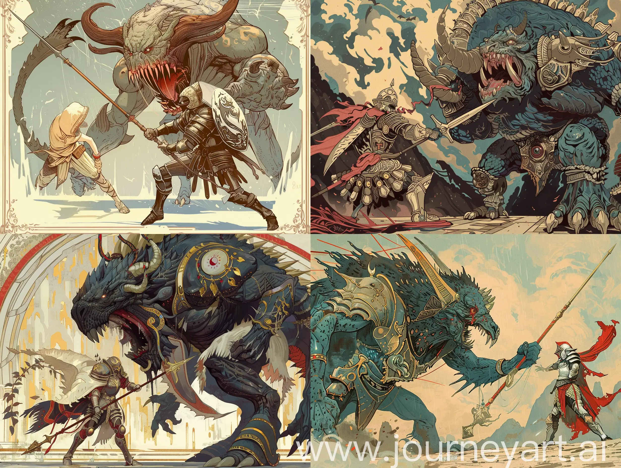 an image of a battle scene of a warrior in armor with a spear, against a two-headed huge scary monster. art nouveau style, Alphonse mucha style. high-quality anatomy. the absence of failures. fight 8k.