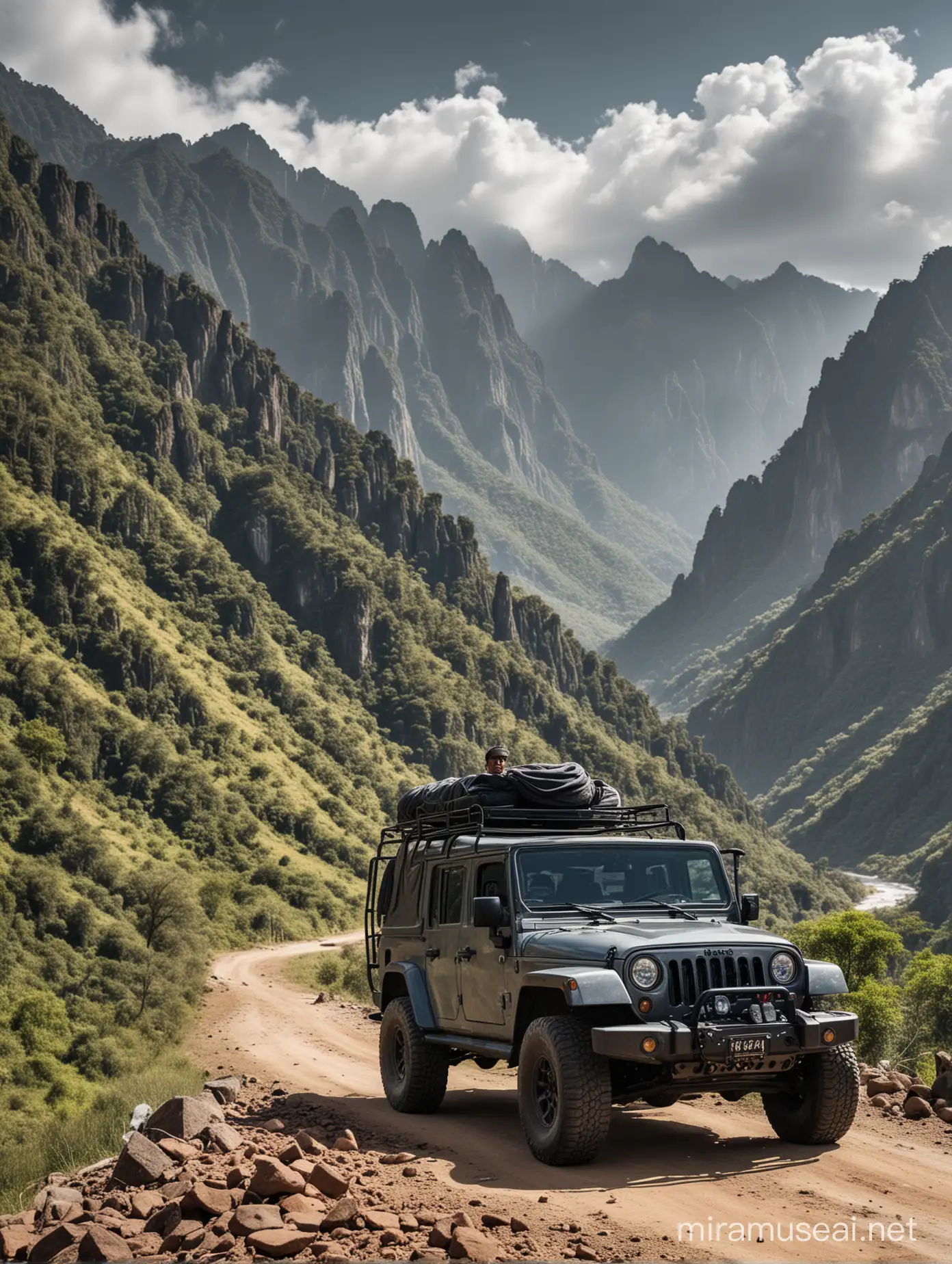 Indonesian Man in Gray Shirt Standing Near Black Jeep Amid Mountain Views HDR extreme