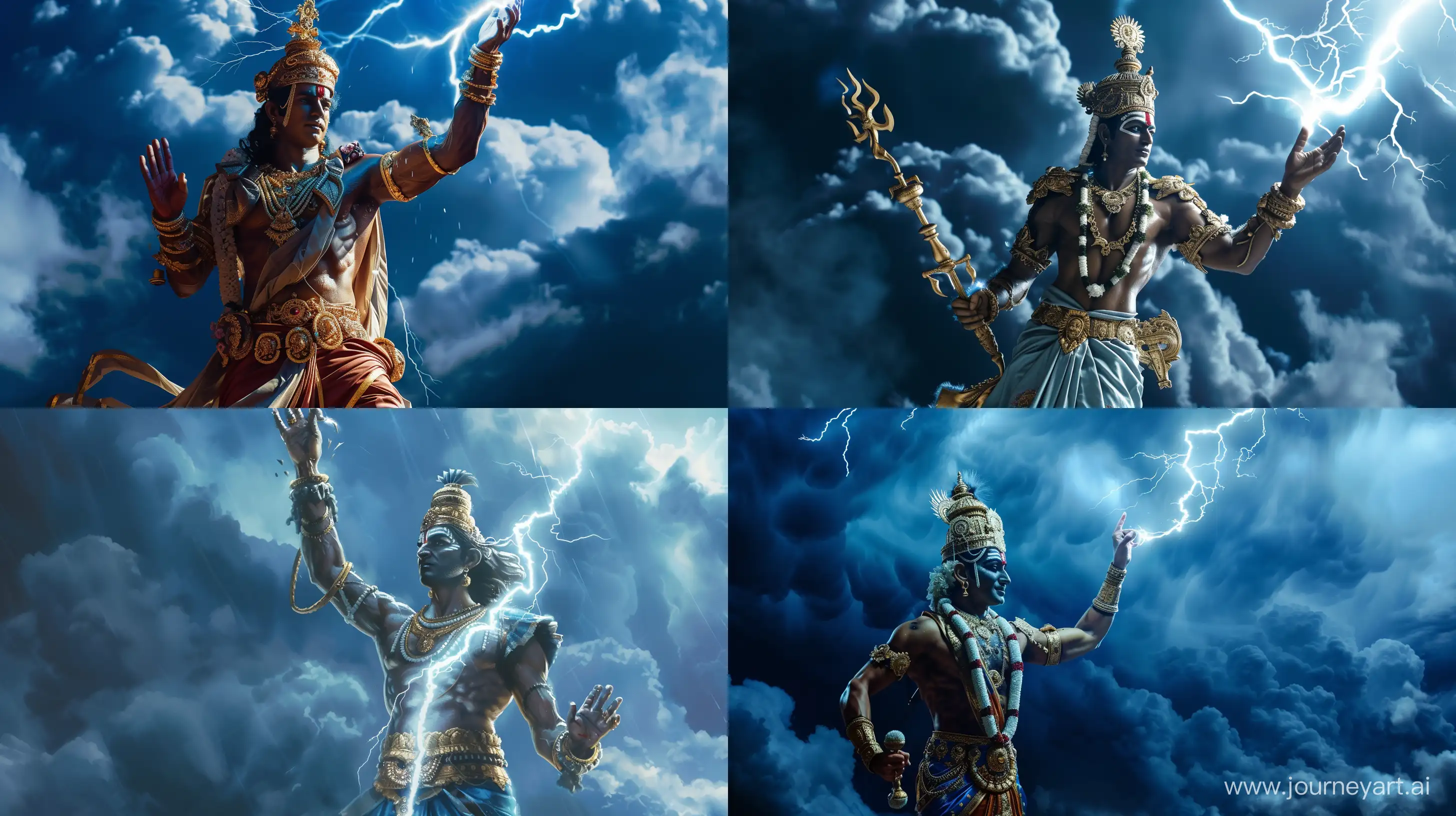 Hindu god king Indra, standing in a battle-ready form, holding white lightening in his right hand,  dark blue clouds in the back ground, amazing details, cinematic --ar 16:9
