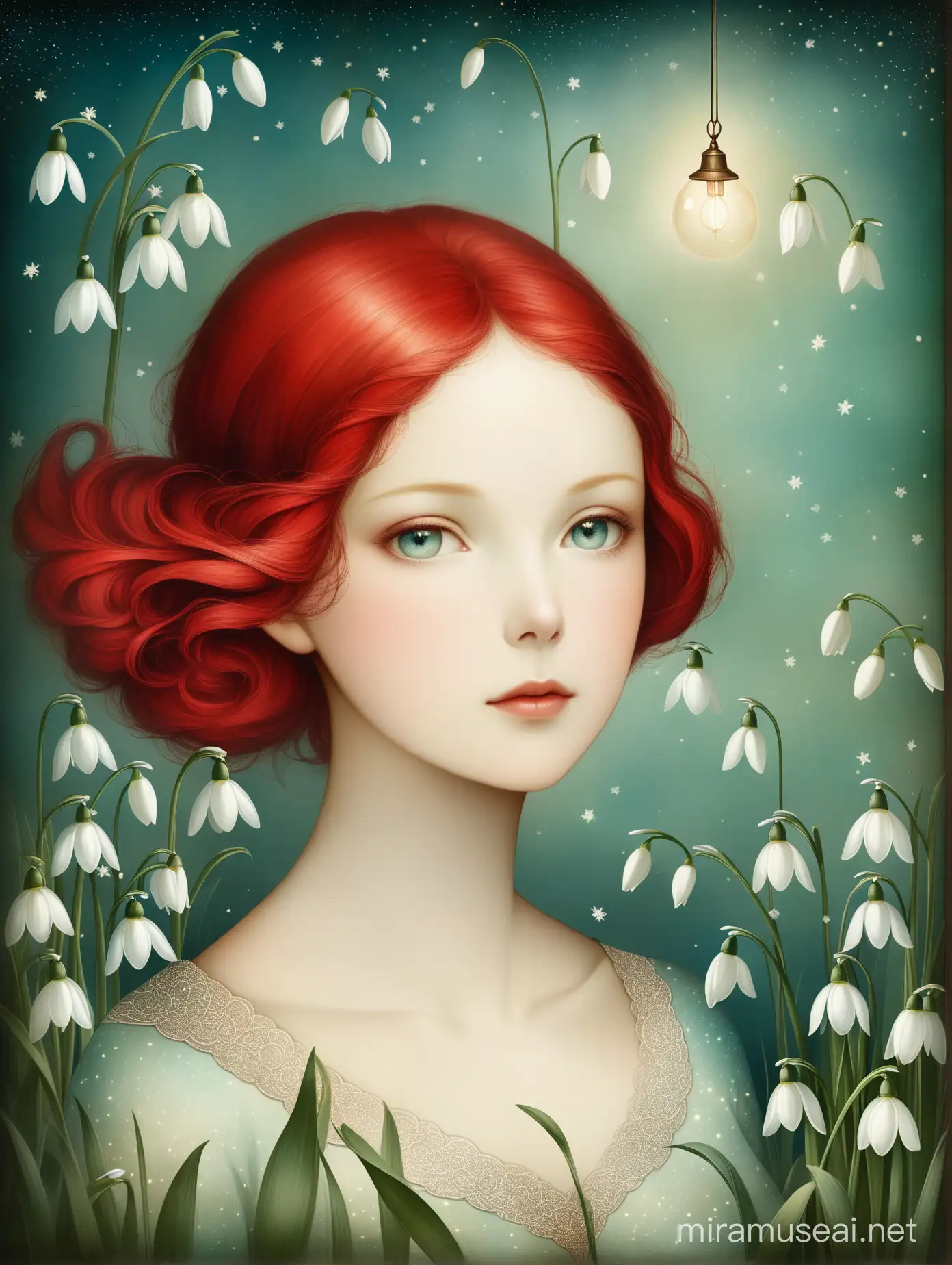 
woman's portrait with snowdrops, by Catrin Welz-Stein, dreamlike, imaginative, magical, fantasy, vintage, nostalgic, atmospheric, enchanting, haunting, red hair, dream light