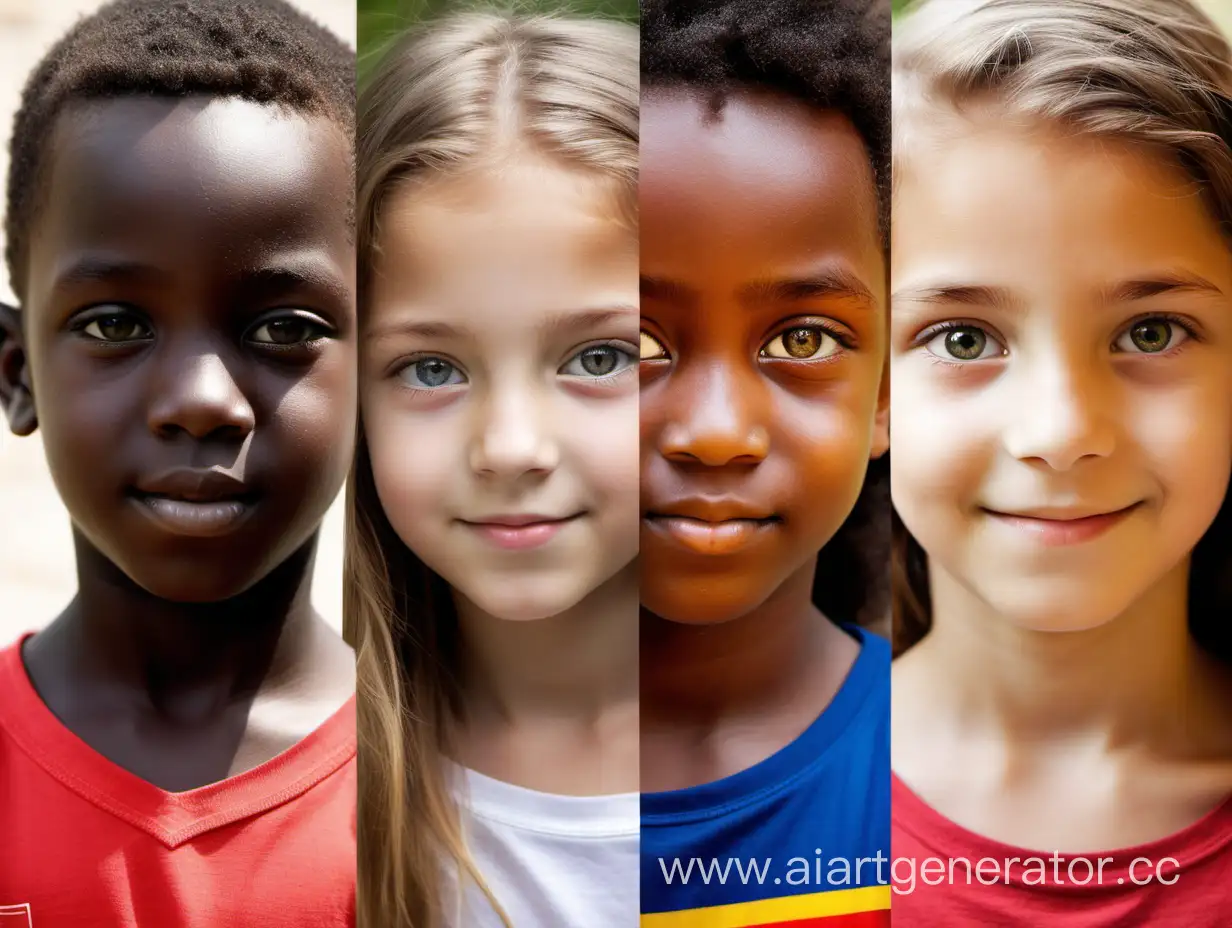 Create a picture of 4 children of 14 years old from different countries: one girl from greece, the other one from Poland, one boy from Spain, the other from Ghana